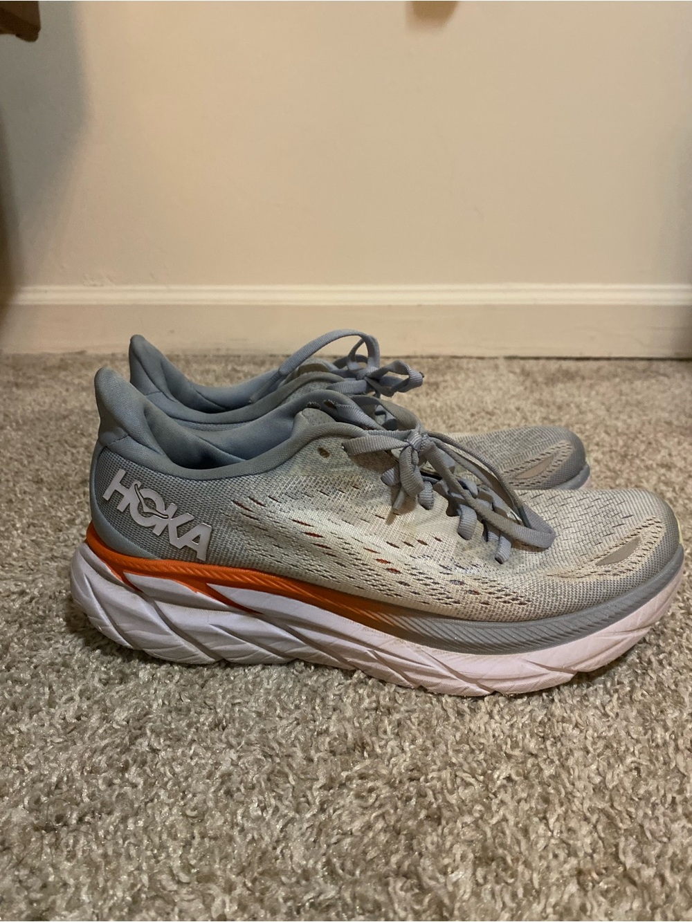 Hoka Clifton Women's Light Gray and Orange Athletic Running Shoes